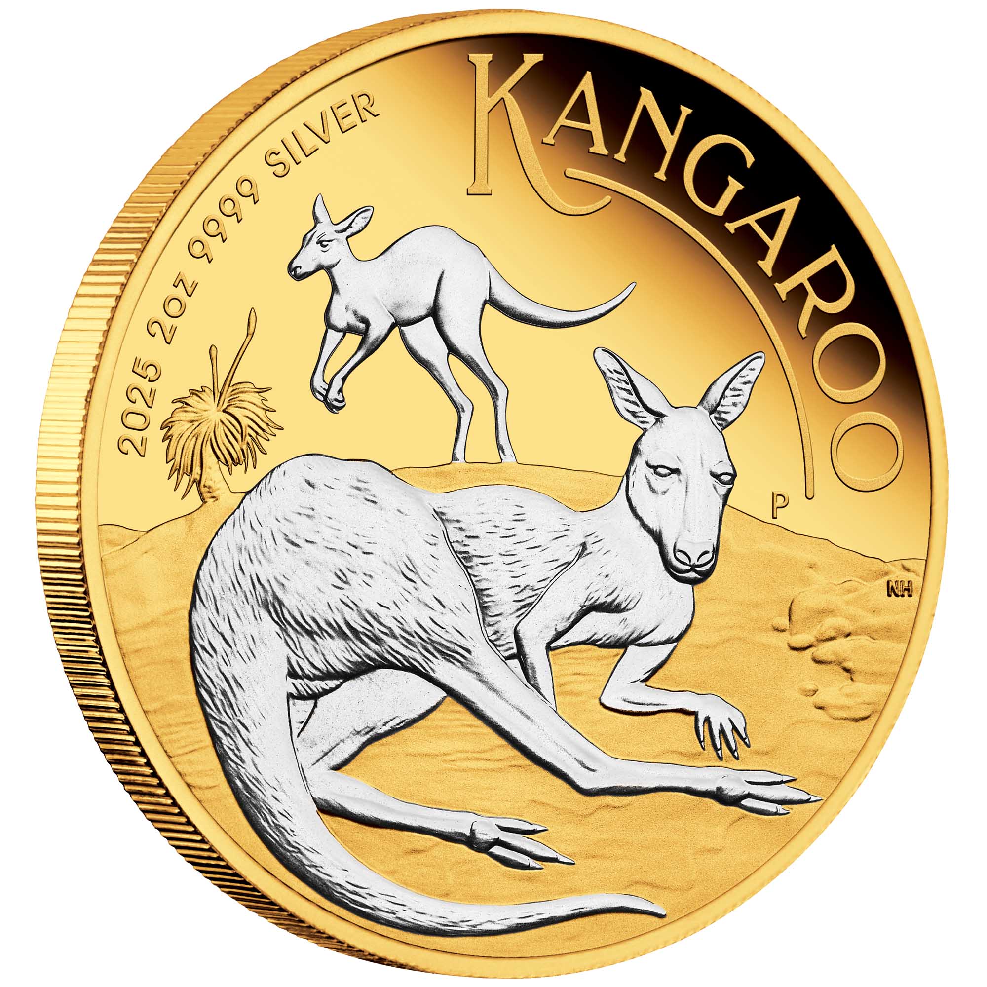 01 2025 Australian Kangaroo 2oz Silver Reverse Gilded Coin On Edge HighRes