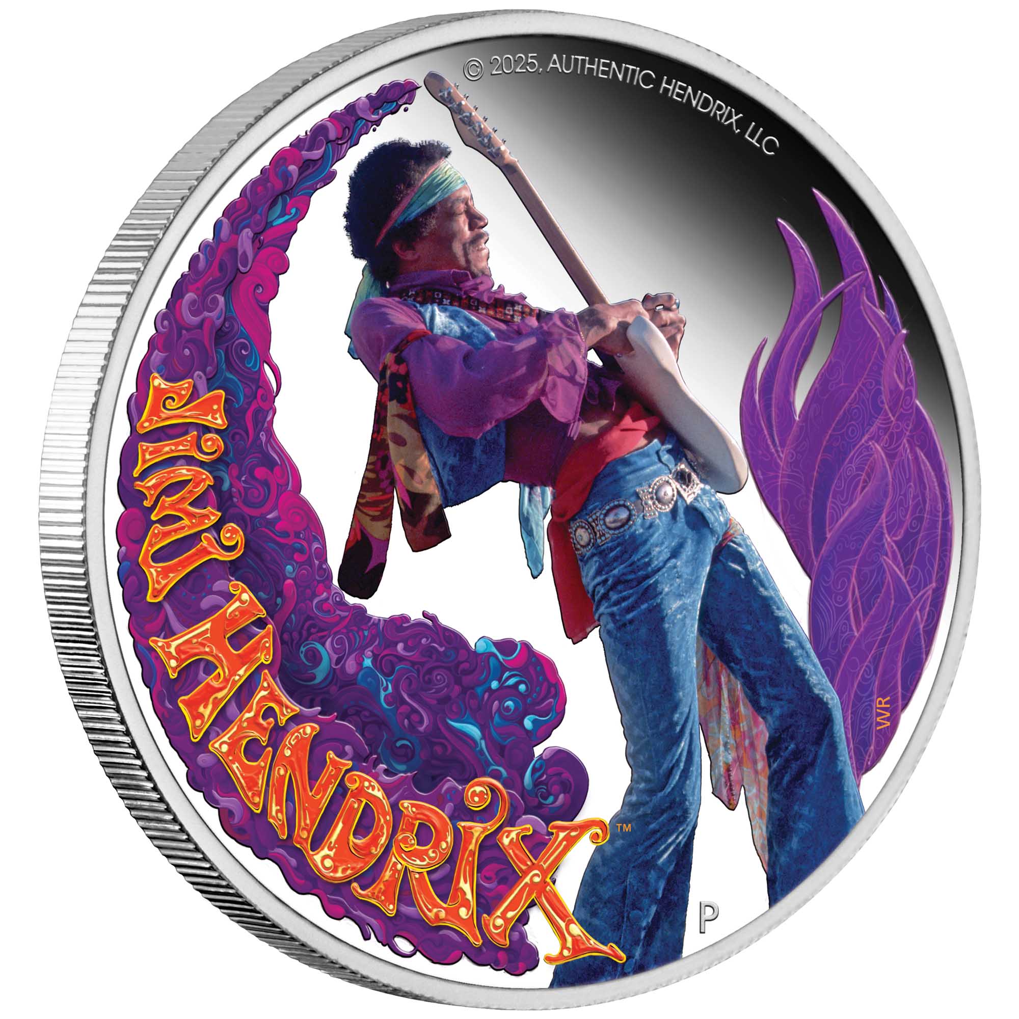 01 2025 Jimi Hendrix 1oz Silver Proof Coloured Coin On Edge HighRes