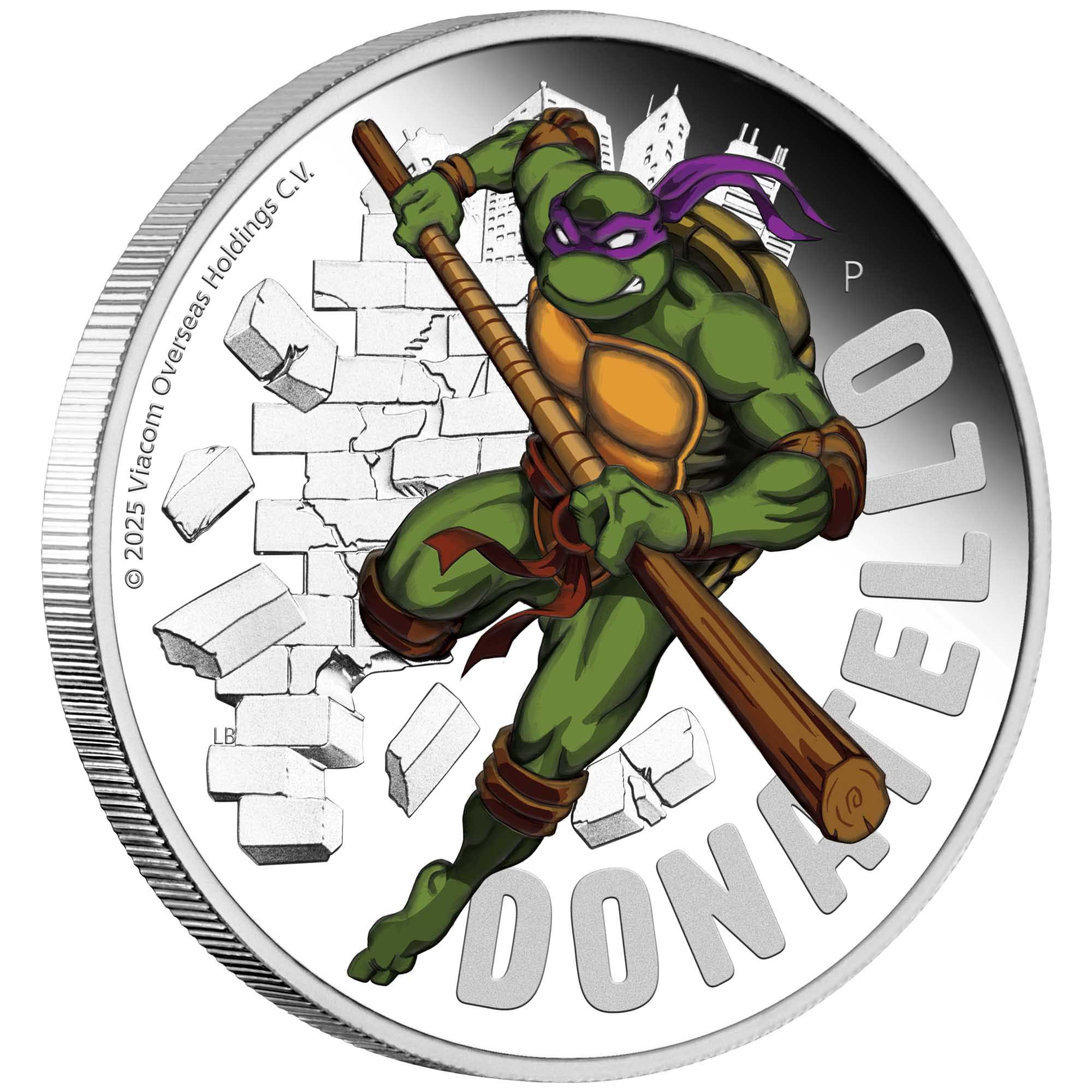 01 Teenage Mutant Ninja Turtles Donatello 2025 1oz Silver Proof Coloured Coin on edge HighRes