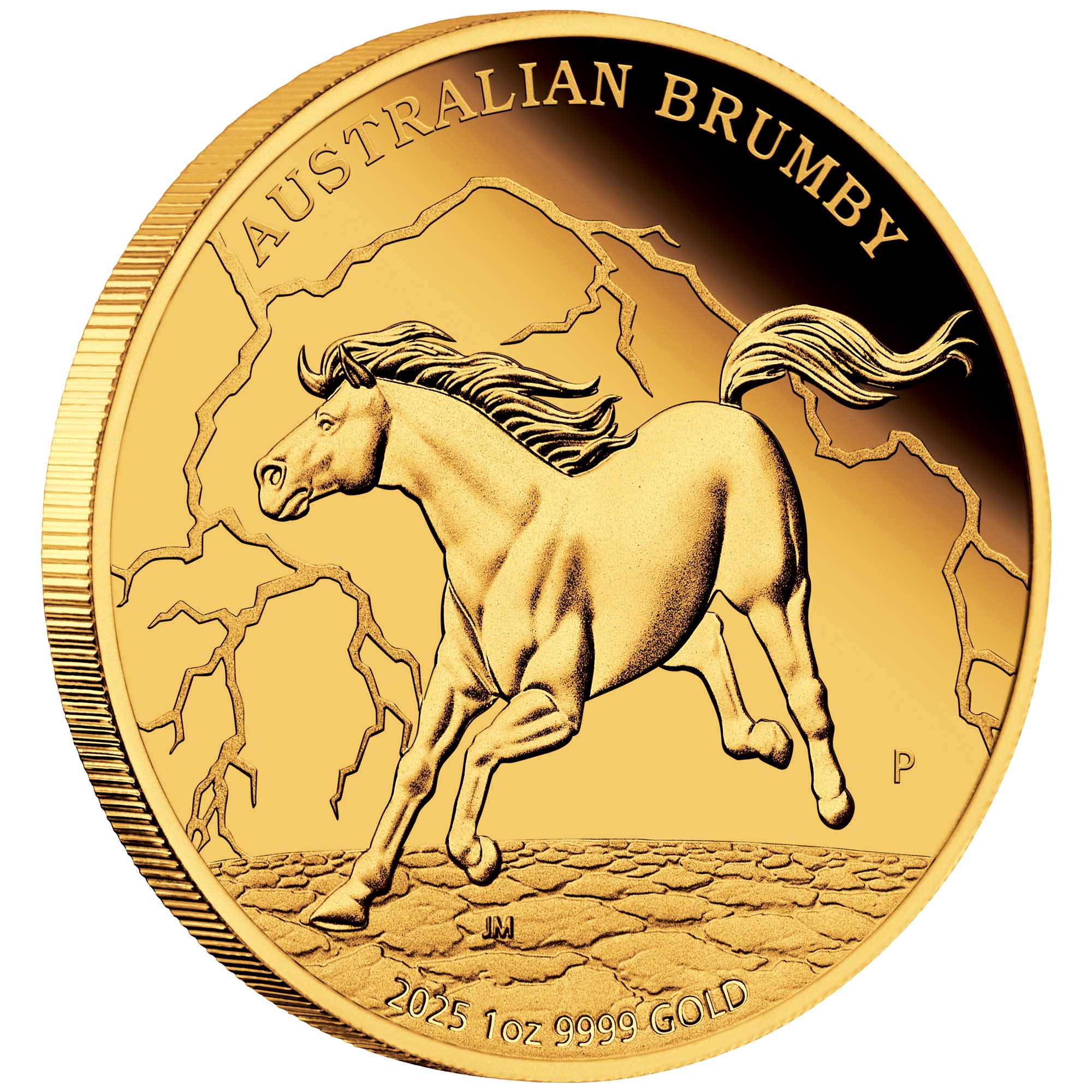 01 2025 Australian Brumby 1oz Gold Proof Coin on edge HighRes