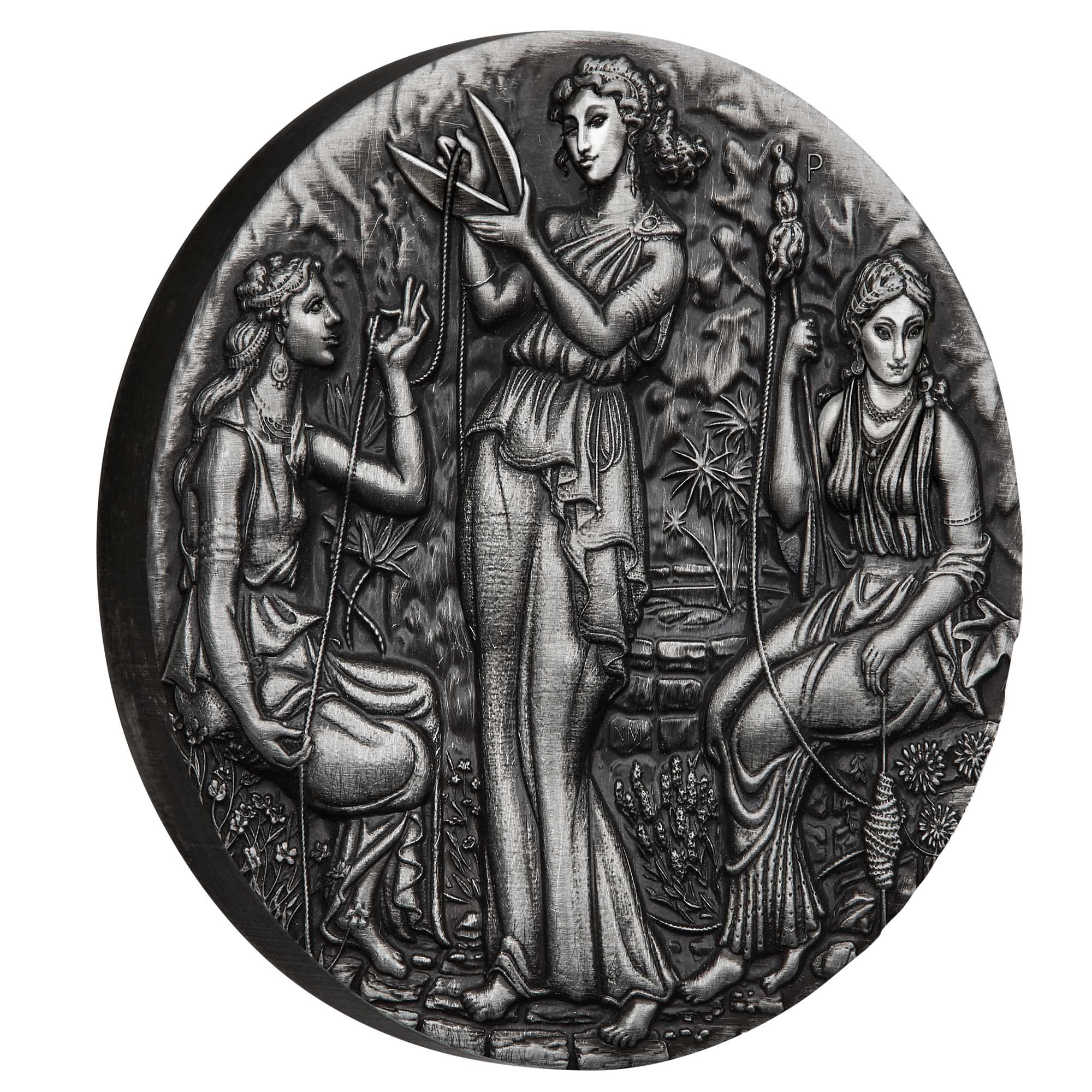 01 Fate The Moirai 2025 2oz Silver Antiqued High Relief Coin On Edge HighRes