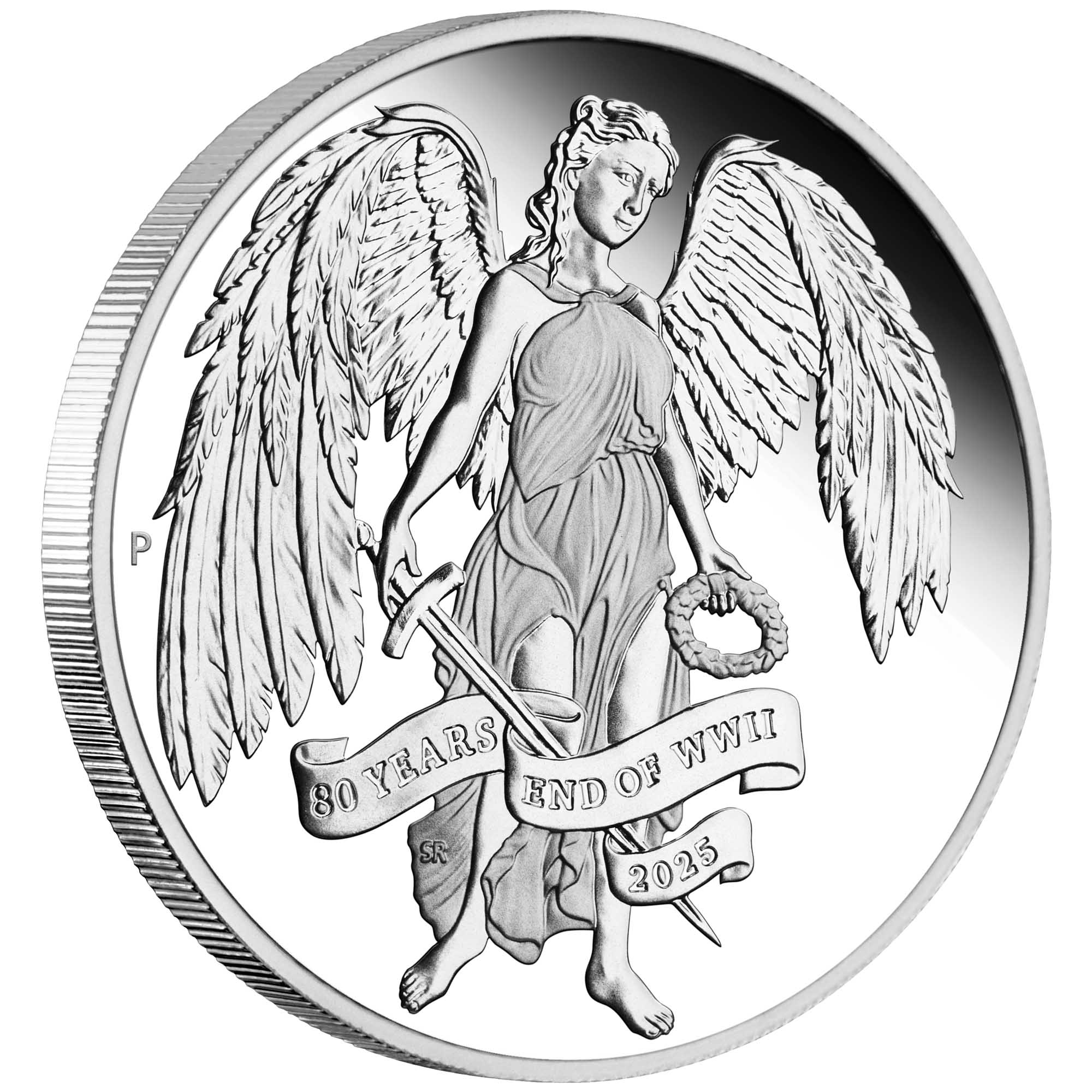 01 80th Anniversary End Of WWII Winged Victory 2025 1oz Silver Proof Coin On Edge HighRes