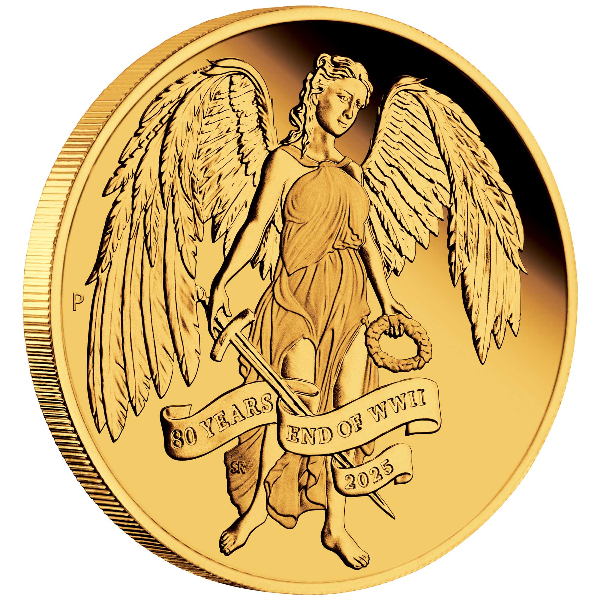06 80th Anniversary End Of WWII Winged Victory 2025 Gold Proof Coin On Edge HighRes