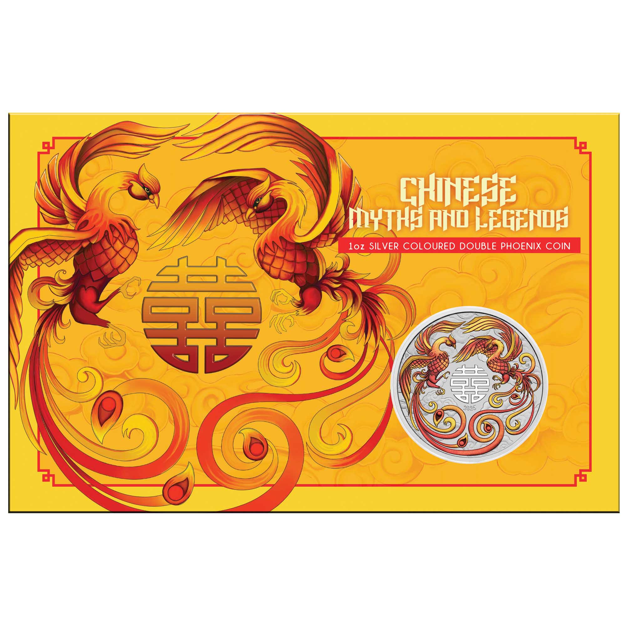07 2025 Double Phoenix 1oz Silver Red and Gold Coloured Coin in Card Reverse In Card Front HighRes