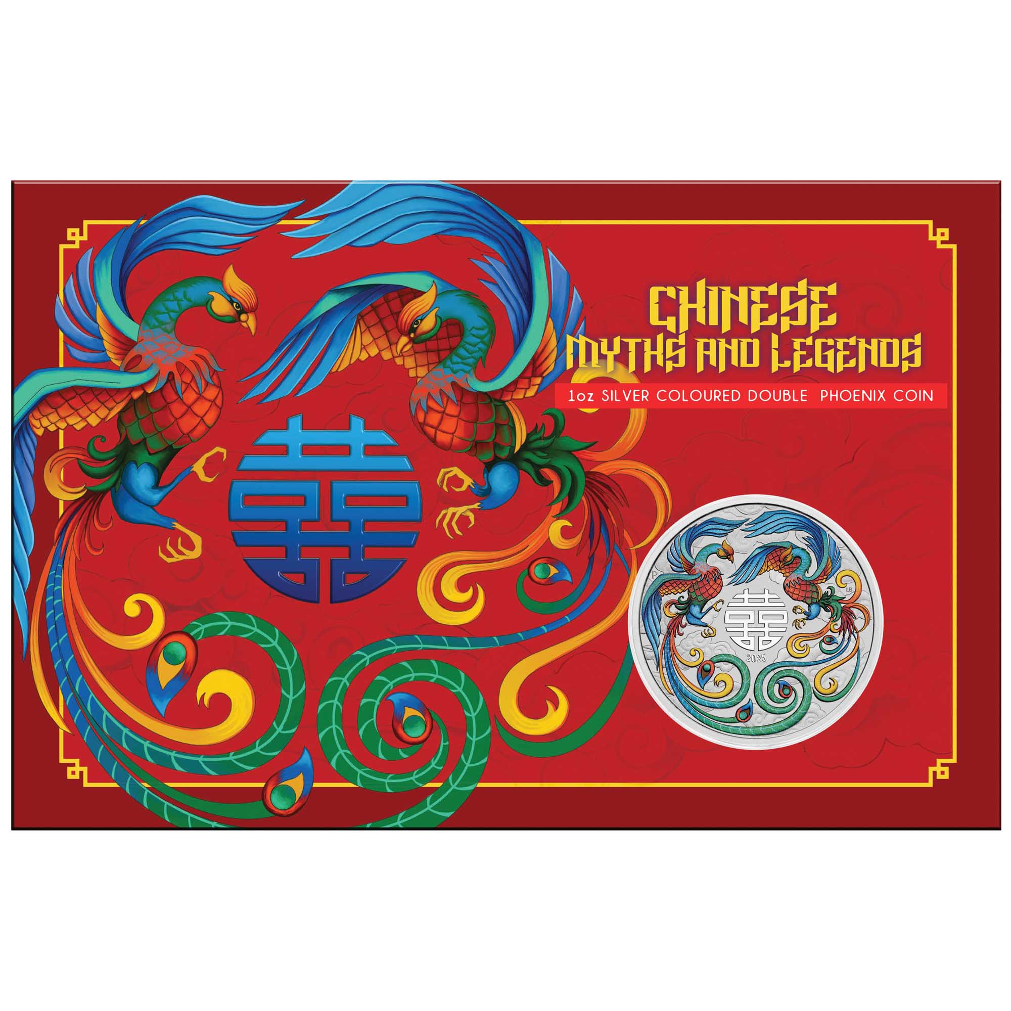 03 2025 Double Phoenix 1oz Silver Vivid Coloured Coin in Card Reverse In Card Front HighRes