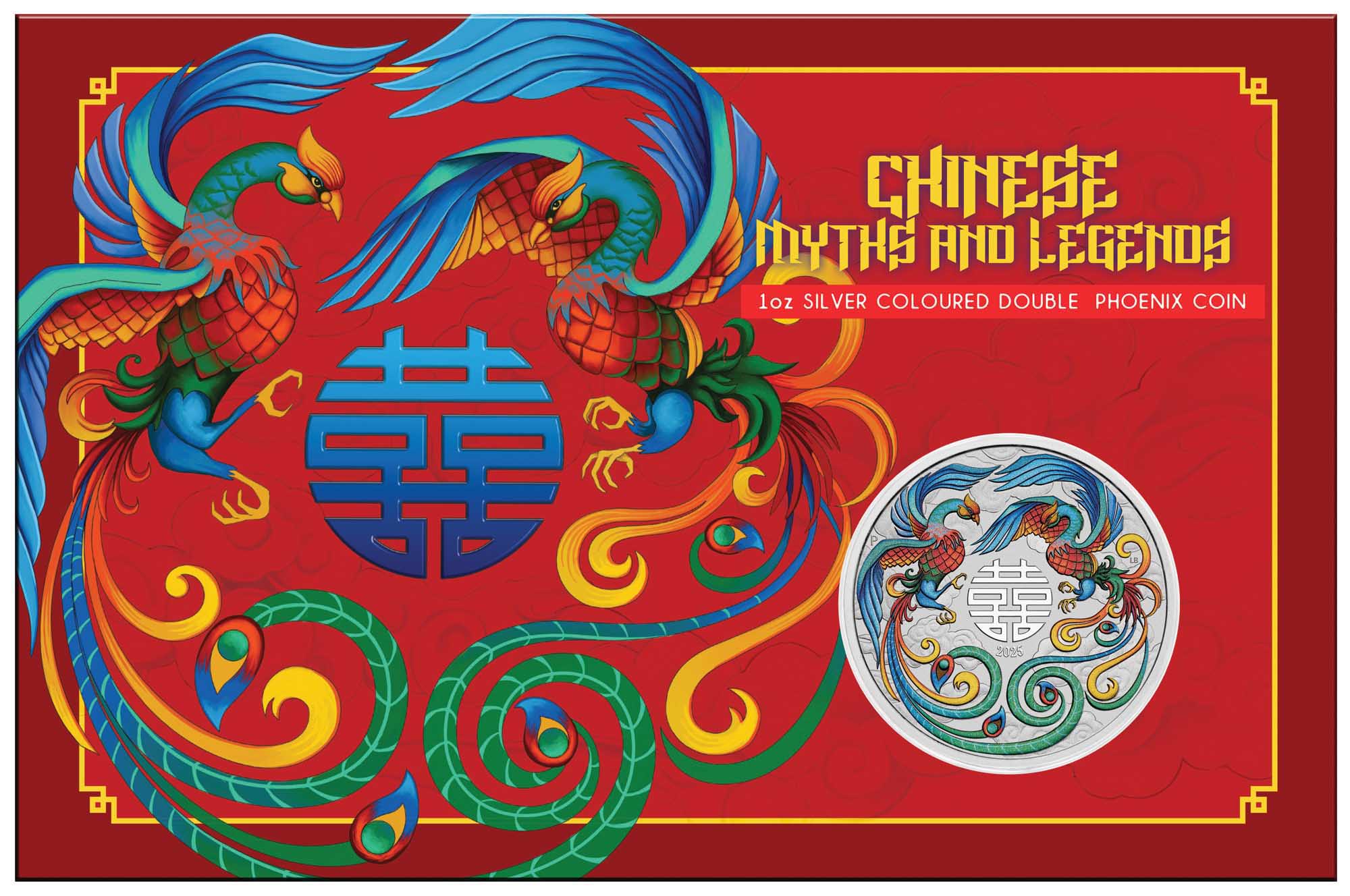 CROPPED 2025 Double Phoenix 1oz Silver Vivid Coloured Coin in Card Reverse In Card Front
