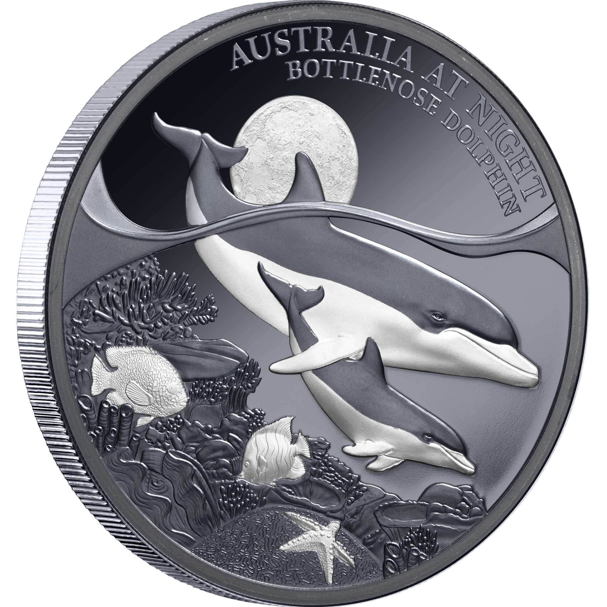 1 Australia at Night Bottlenose Dolphin 2025 1oz Silver Black Proof Coin 25X65AAA RevOnEdge