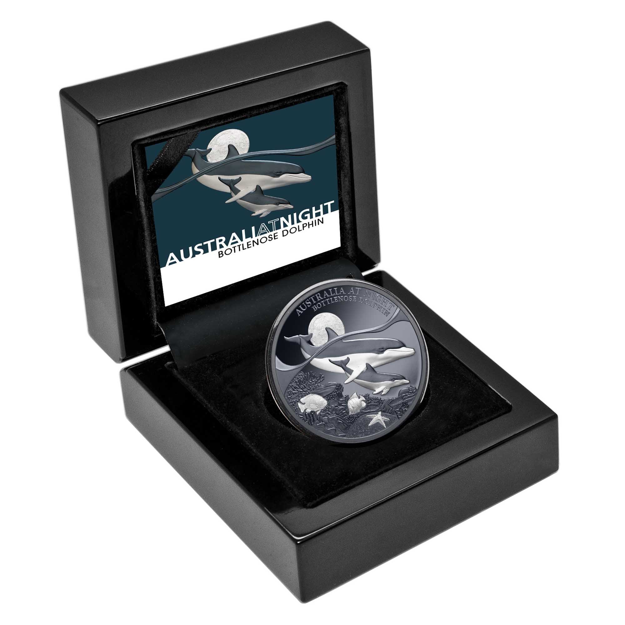 4 Australia at Night Bottlenose Dolphin 2025 1oz Silver Black Proof Coin 25X65AAA InCase