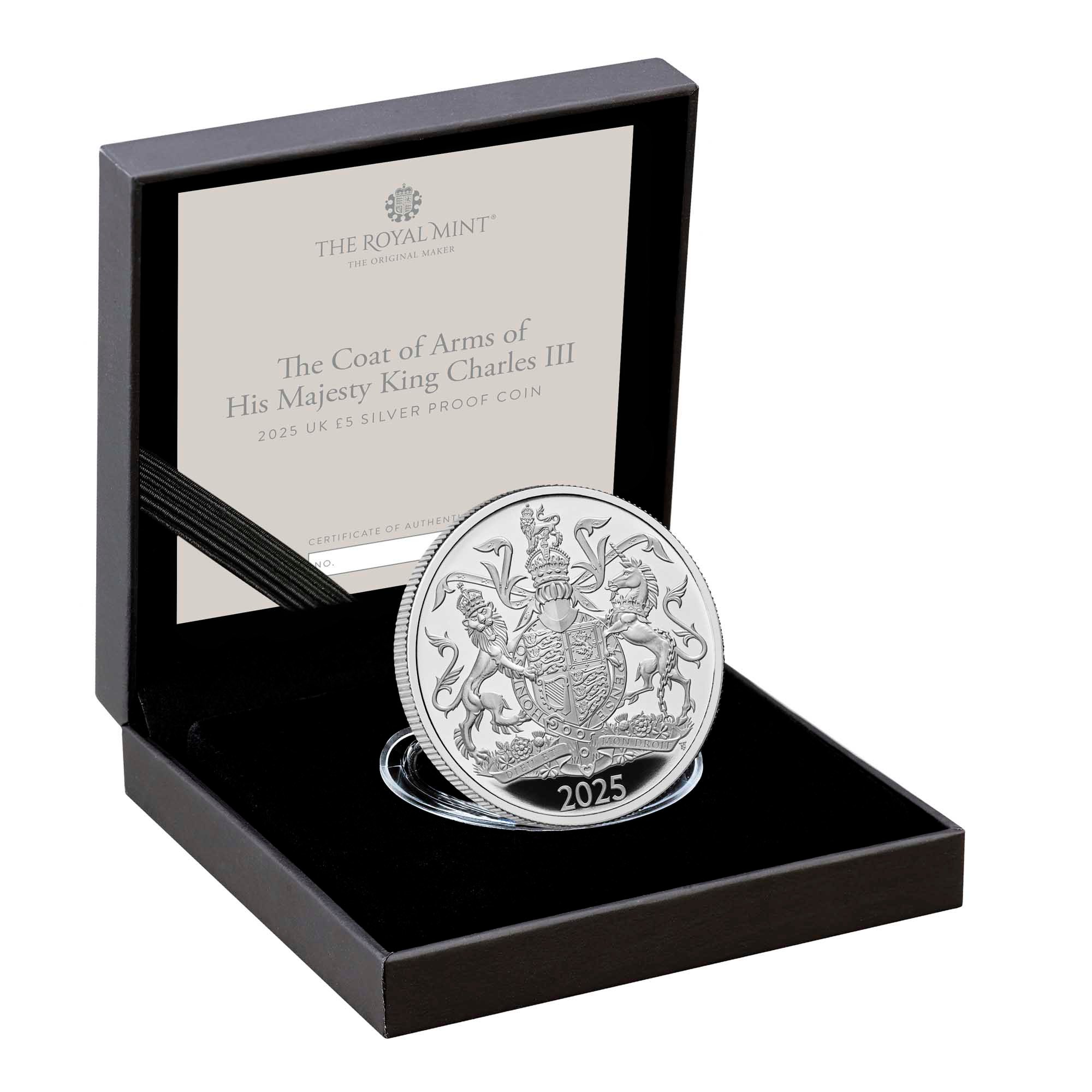 4 25X94BAA The Coat of Arms of HM King Charles III 2025 UK £5 Silver Proof Coin InCase