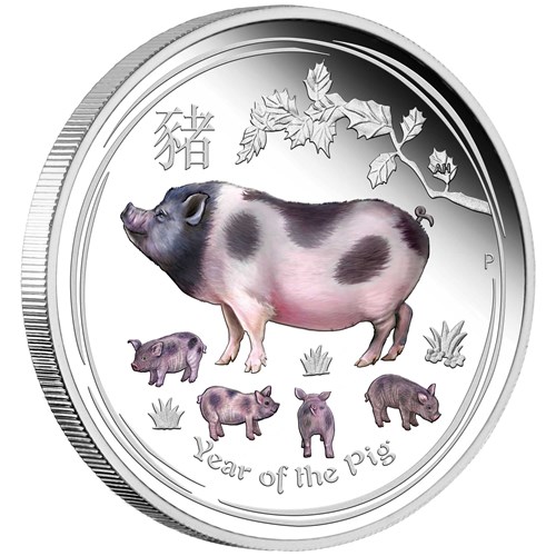 01 brisbane coin show pig 2019 2oz silver proof coloured OnEdge