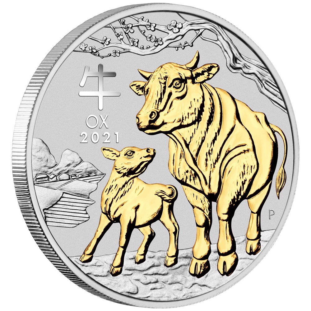01 2021 Year of the Ox 1oz Silver Gilded Coin OnEdge HighRes
