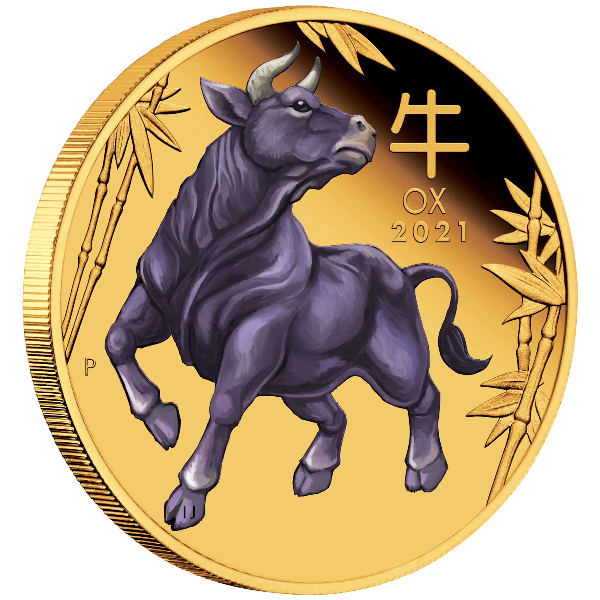 01 australian lunar series iii 2021 year of the ox 1oz gold proof coloured OnEdge