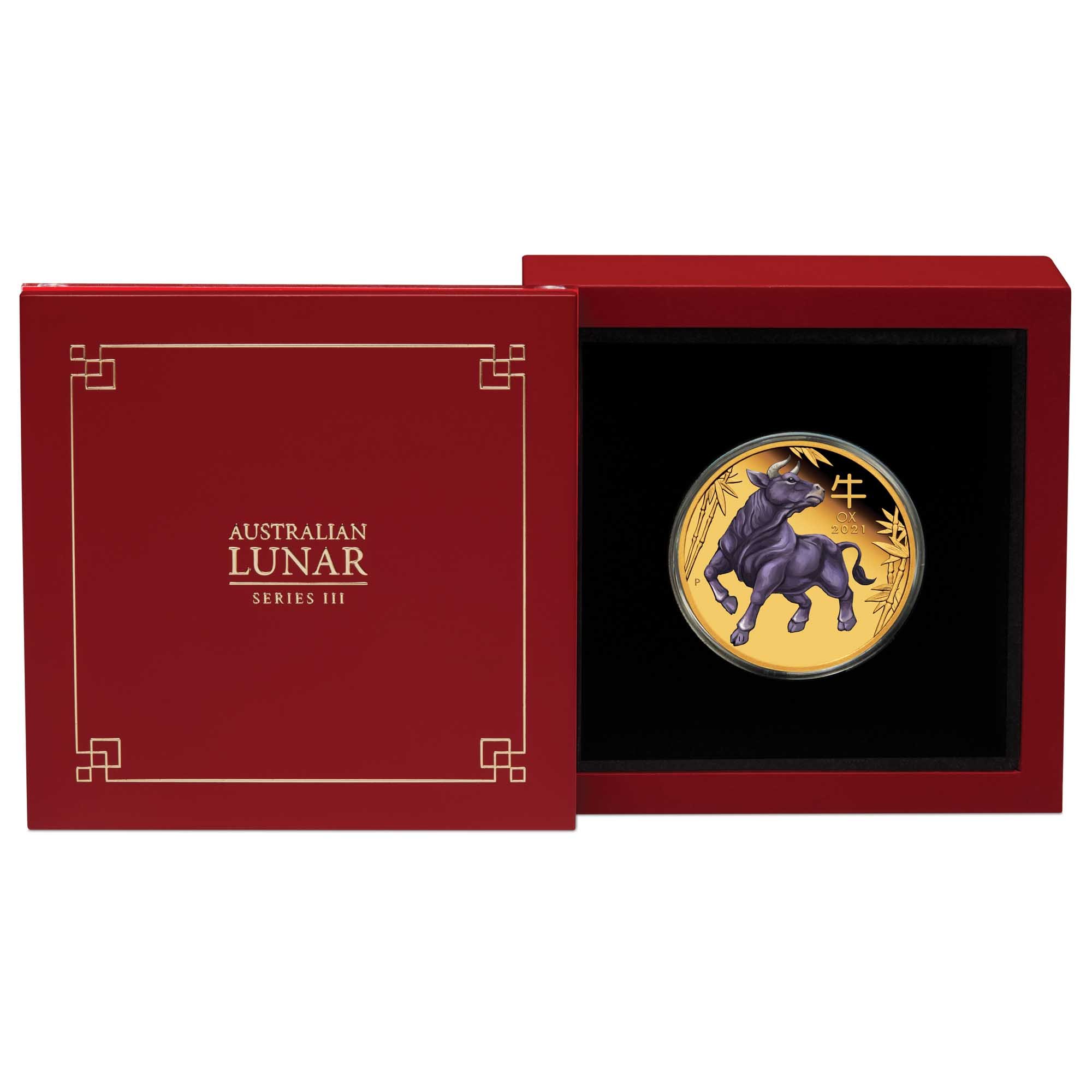 04 australian lunar series iii 2021 year of the ox 1oz gold proof coloured InCase