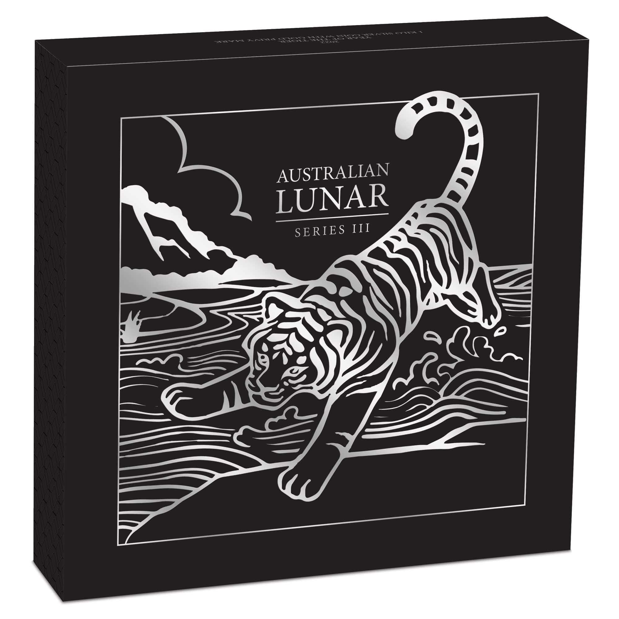 05 2022 Year of the Tiger 1 Kilo Silver Coloured Coin with Gold Privy InShipper HighRes
