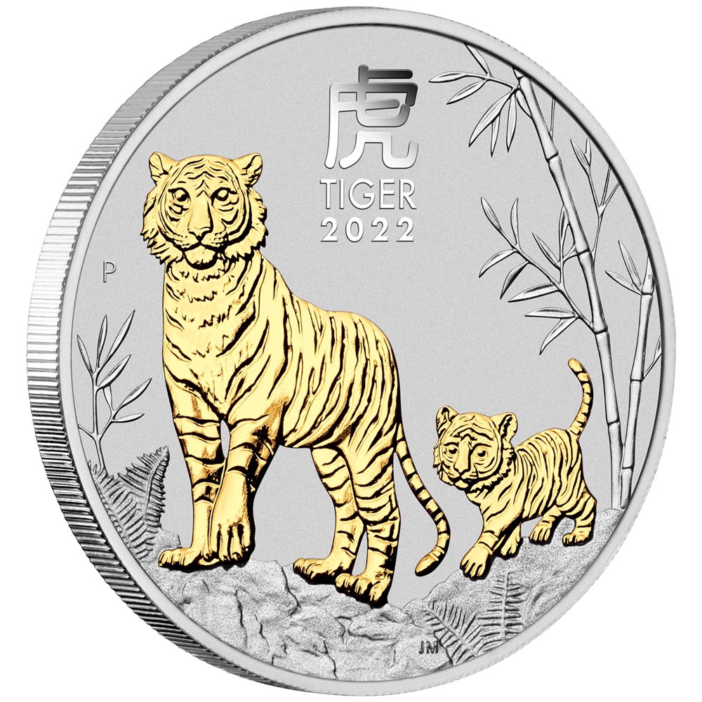 01 2022 Year of the Tiger 1oz Silver Gilded Coin OnEdge HighRes