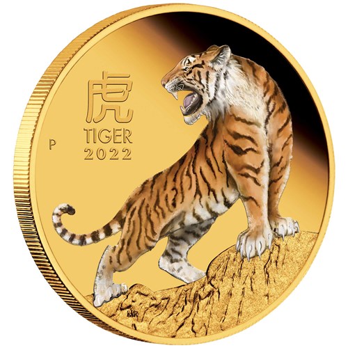 01 2022 Year of the Tiger 1oz Gold Proof Coloured Coin OnEdge HighRes