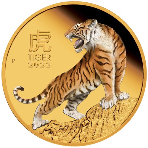 02 2022 Year of the Tiger 1oz Gold Proof Coloured Coin StraightOn HighRes