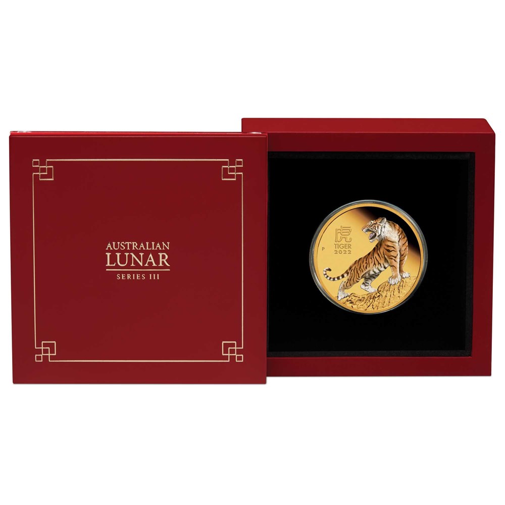 03 2022 Year of the Tiger 1oz Gold Proof Coloured Coin InCase HighRes