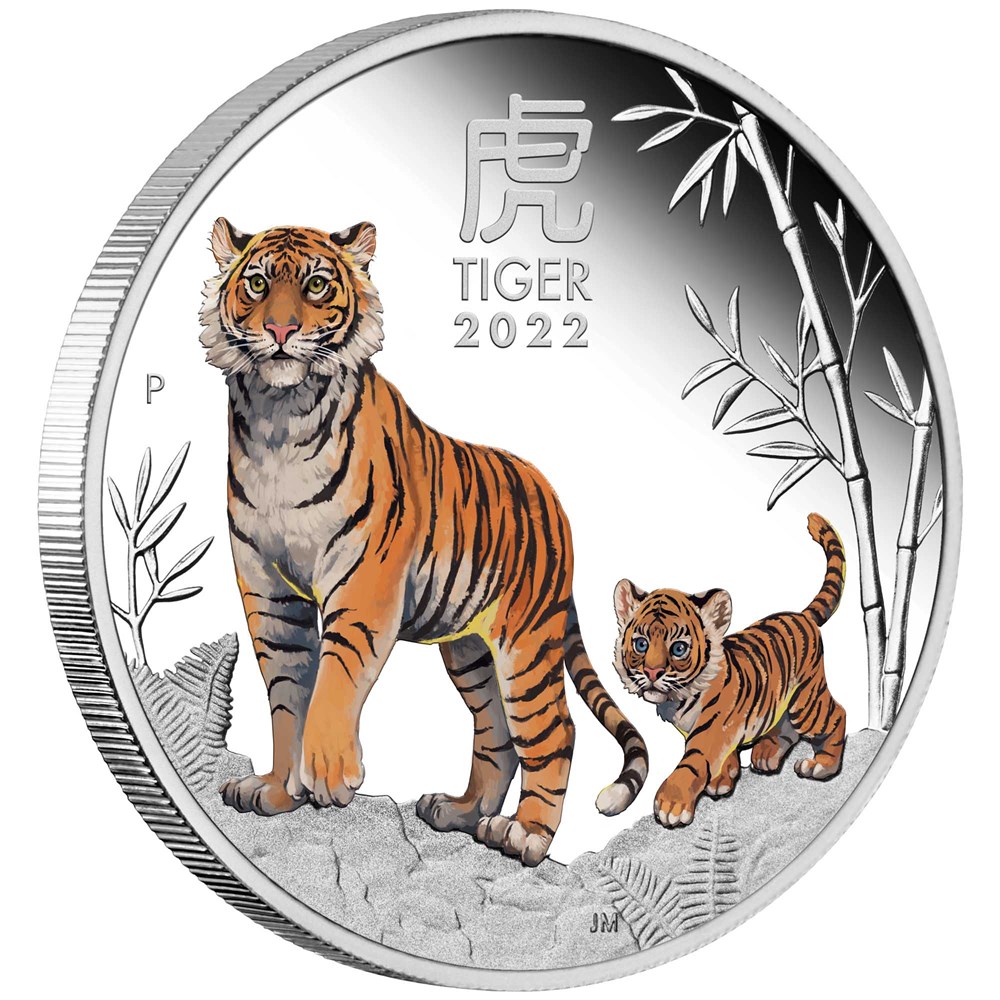 09 2022 Year of the Tiger 1oz Silver Proof Coloured Coin OnEdge HighRes