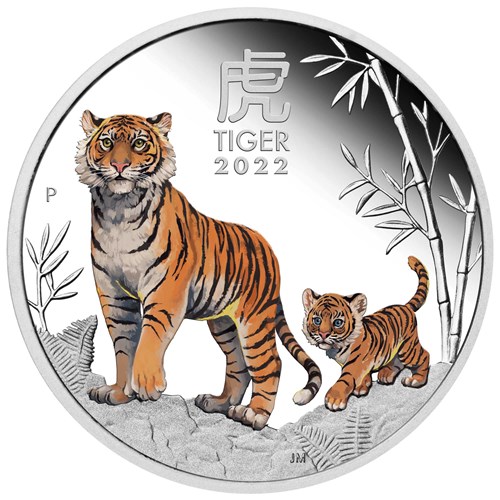 10 2022 Year of the Tiger 1oz Silver Proof Coloured Coin StraightOn HighRes