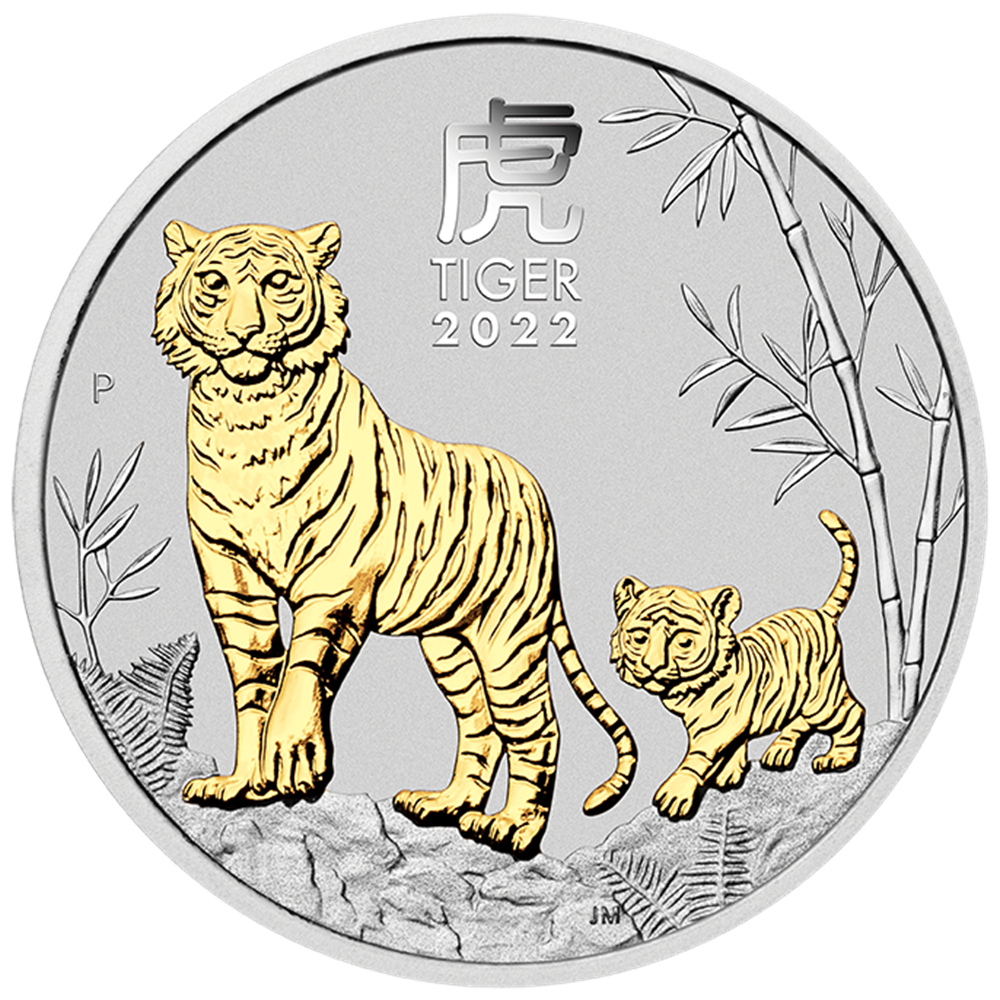 02 2022 Year of the Tiger 1oz Silver Gilded Coin StraightOn LowRes