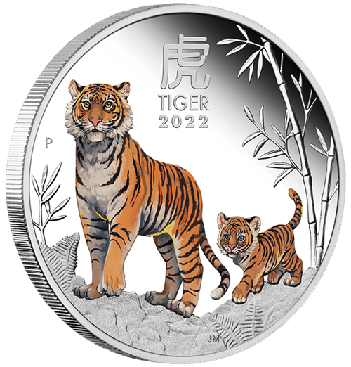 09 2022 Year of the Tiger 1oz Silver Proof Coloured Coin OnEdge LowRes