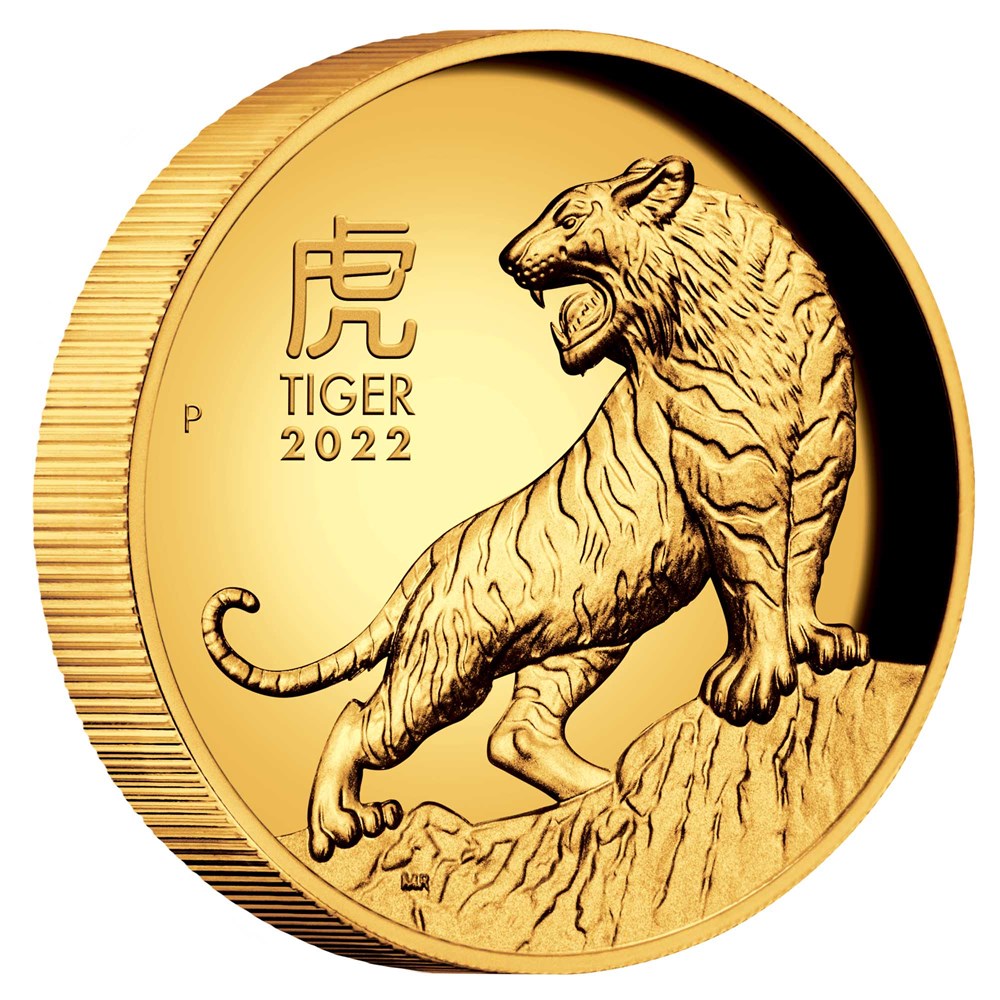 01 2022 Year of the Tiger 1oz Gold Proof High Relief Coin OnEdge HighRes