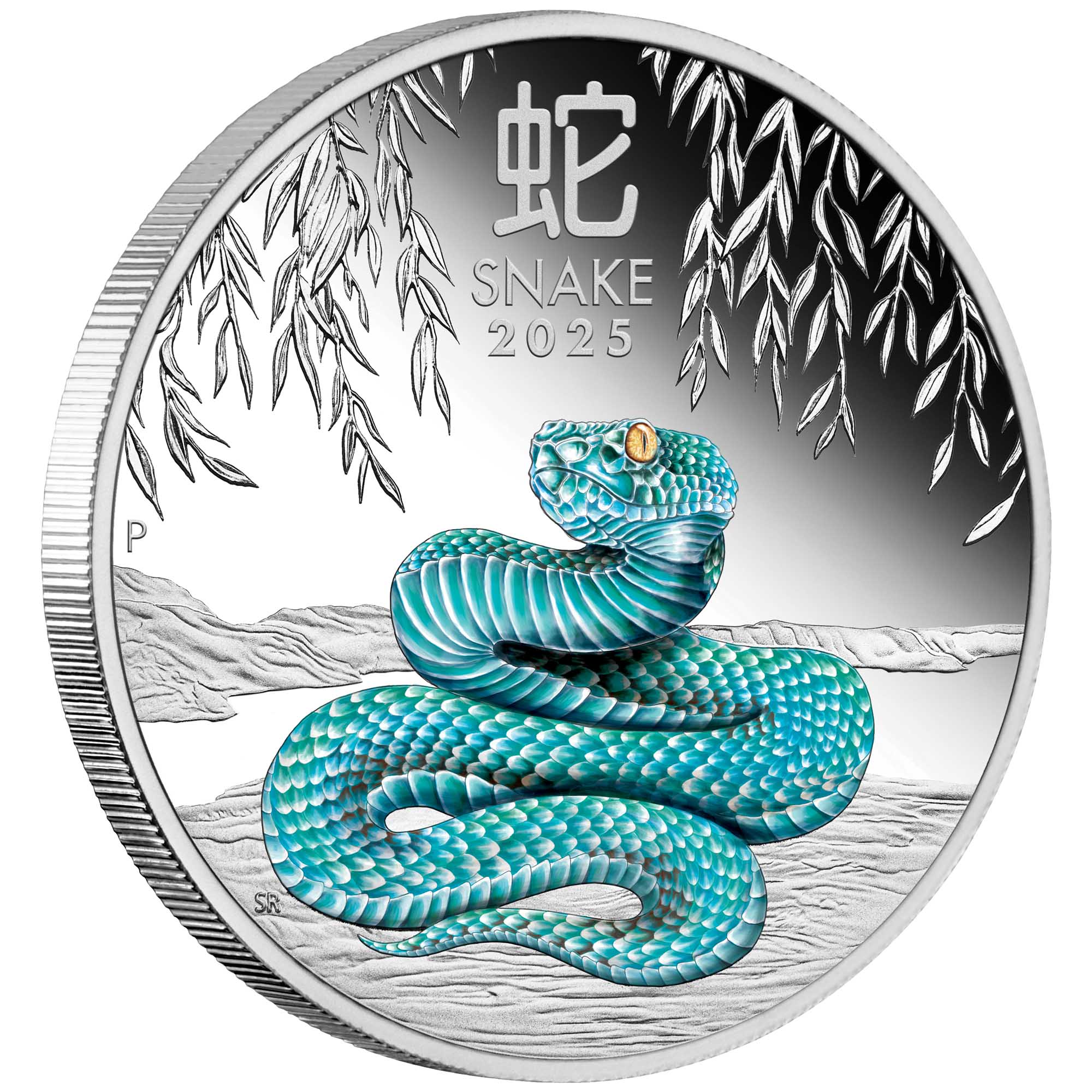 01 2025 Lunar Series III Year of the Snake 1oz Silver Proof Coloured Coin OnEdge HighRes