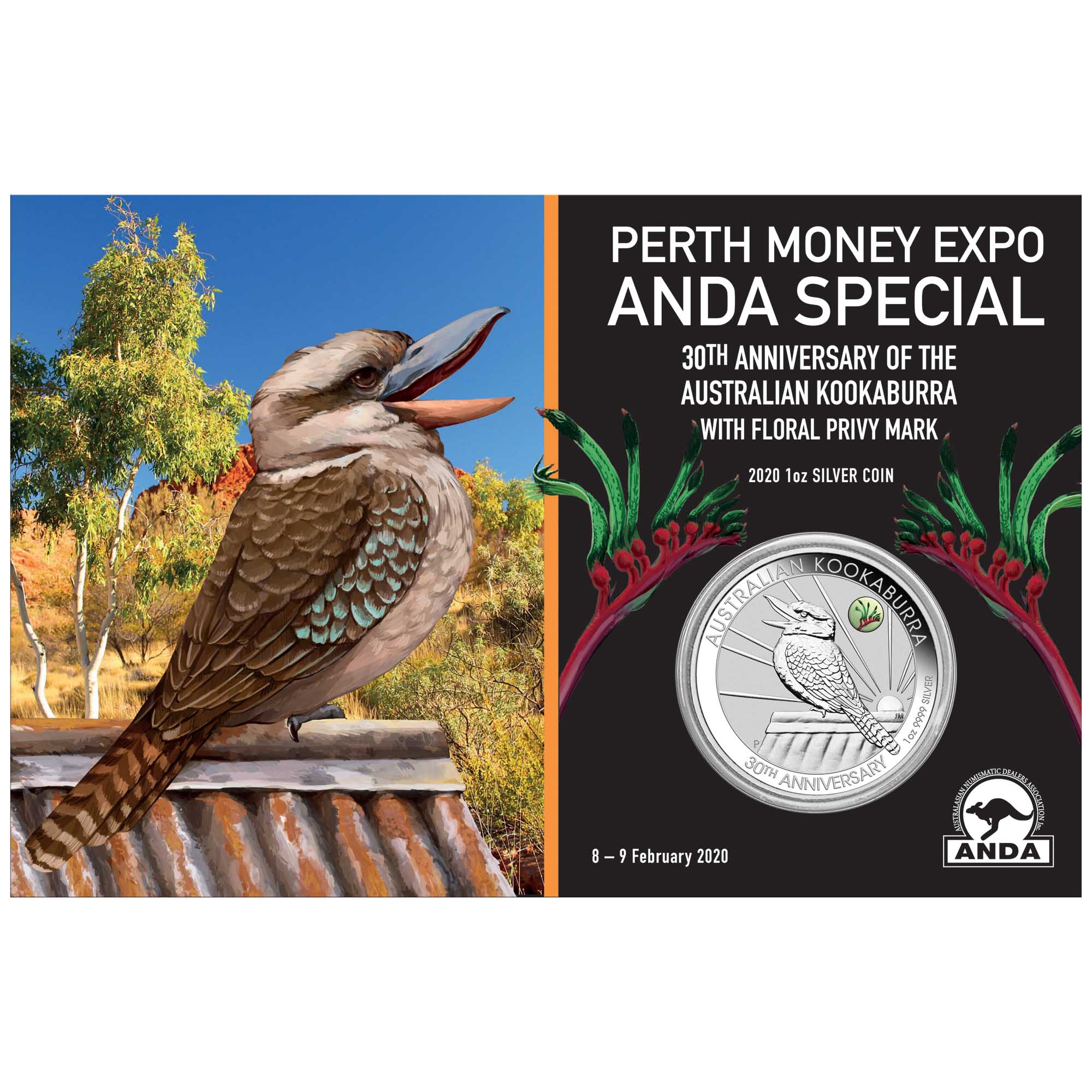 04 perth anda money expo special 30th anniversary australian kookaburra with kangaroo paw 2019 1oz silver privy InCard