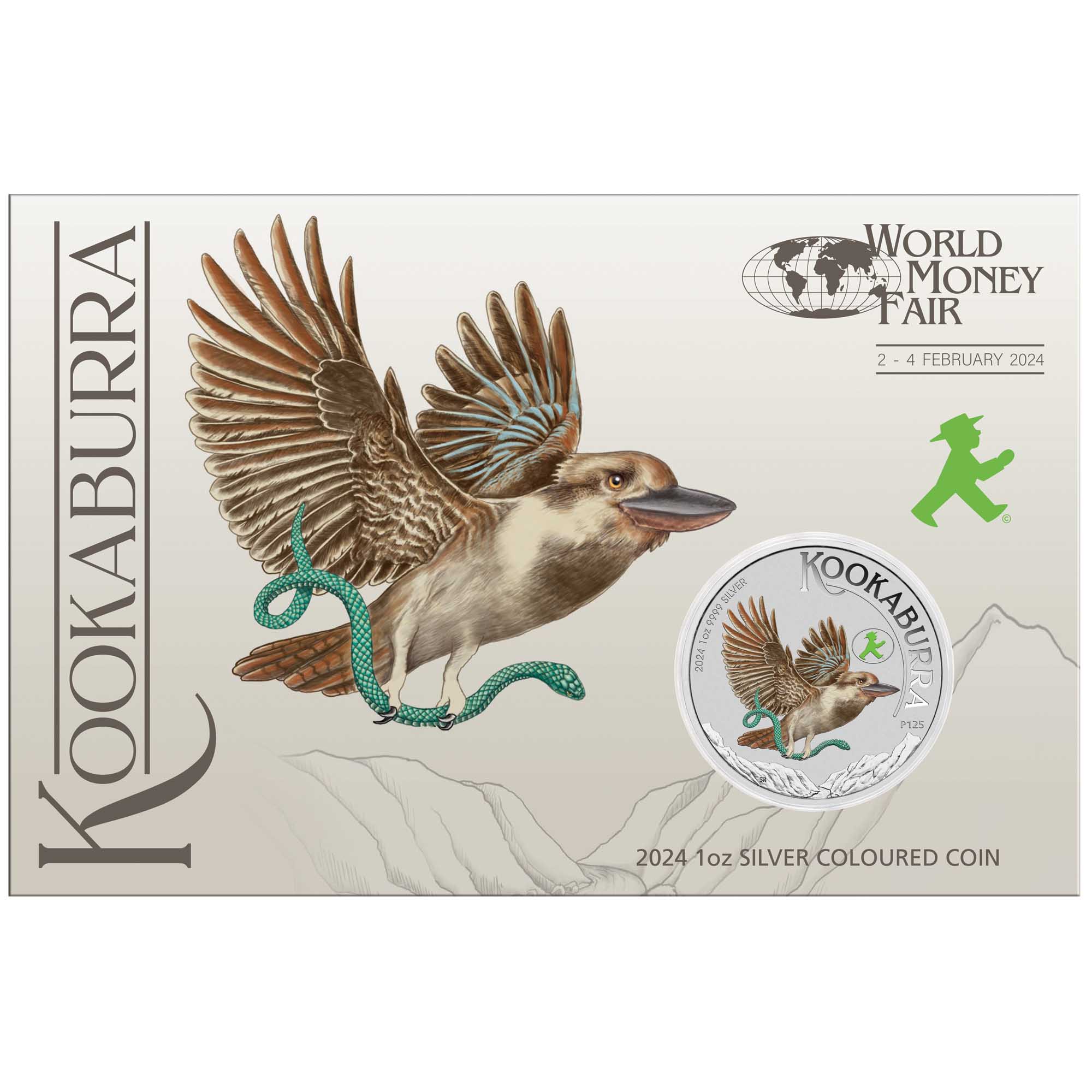 World Money Fair Kookaburra 2025 1oz Silver Coloured Coin in Card