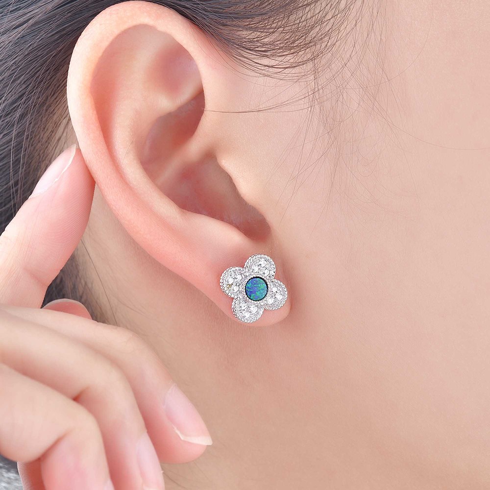 01 opal clover sterling silver stud earrings