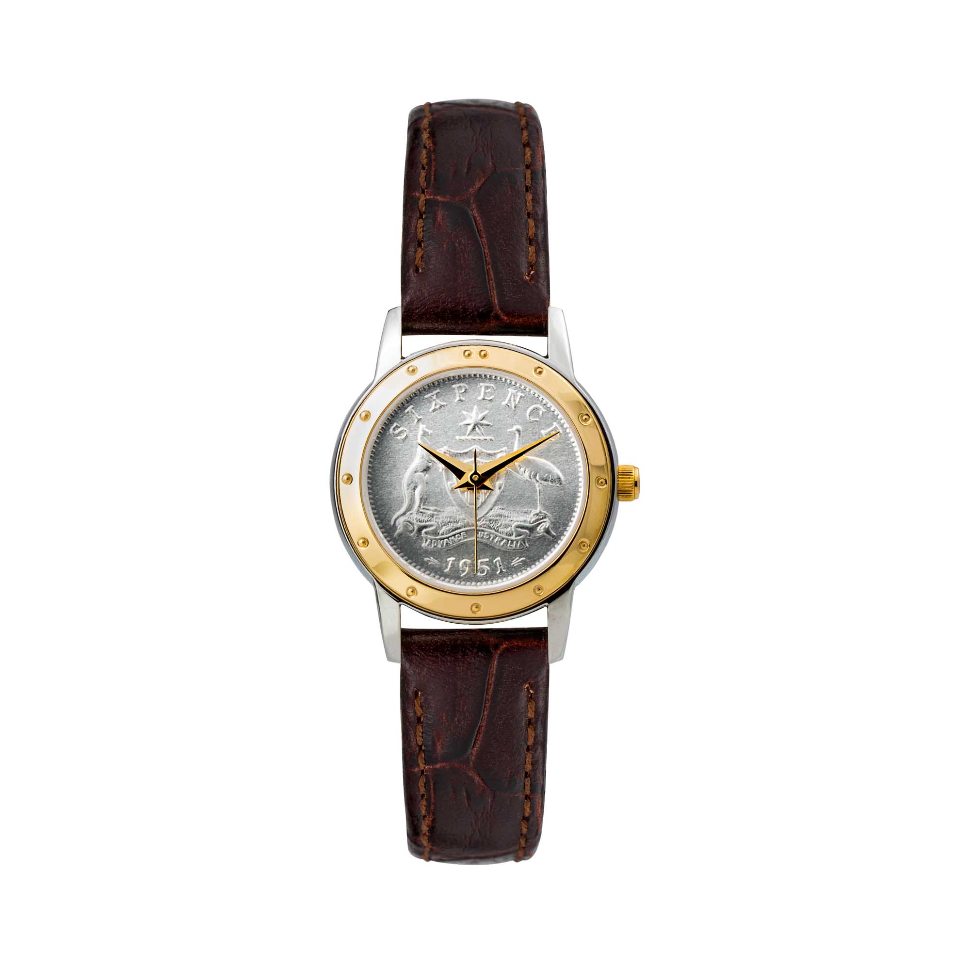 01 22Q77AAA The Cirrus Gold Plated Leather Sixpense Watch