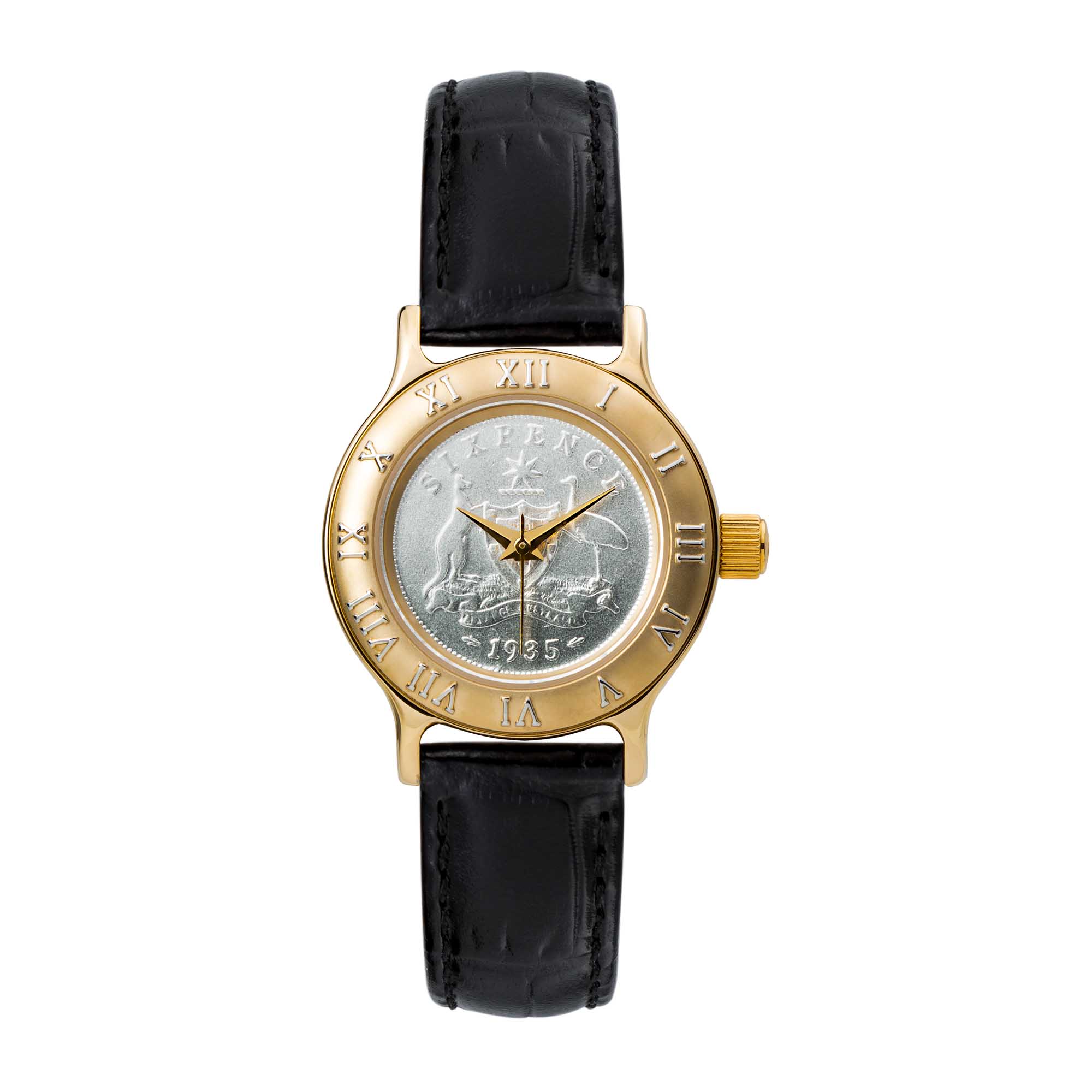 01  22Q78AAA  The Summit Gold Plated Sixpence Leather Watch