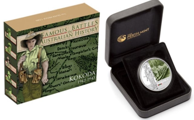 The Perth Mint's Kokoda themed coin in case