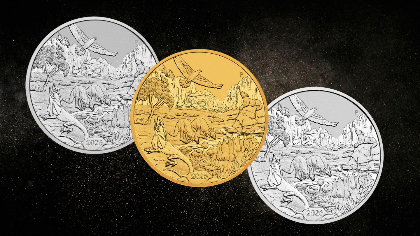 Platinum, silver and gold Wonders of Australia 2026 Perth Mint coins on black background