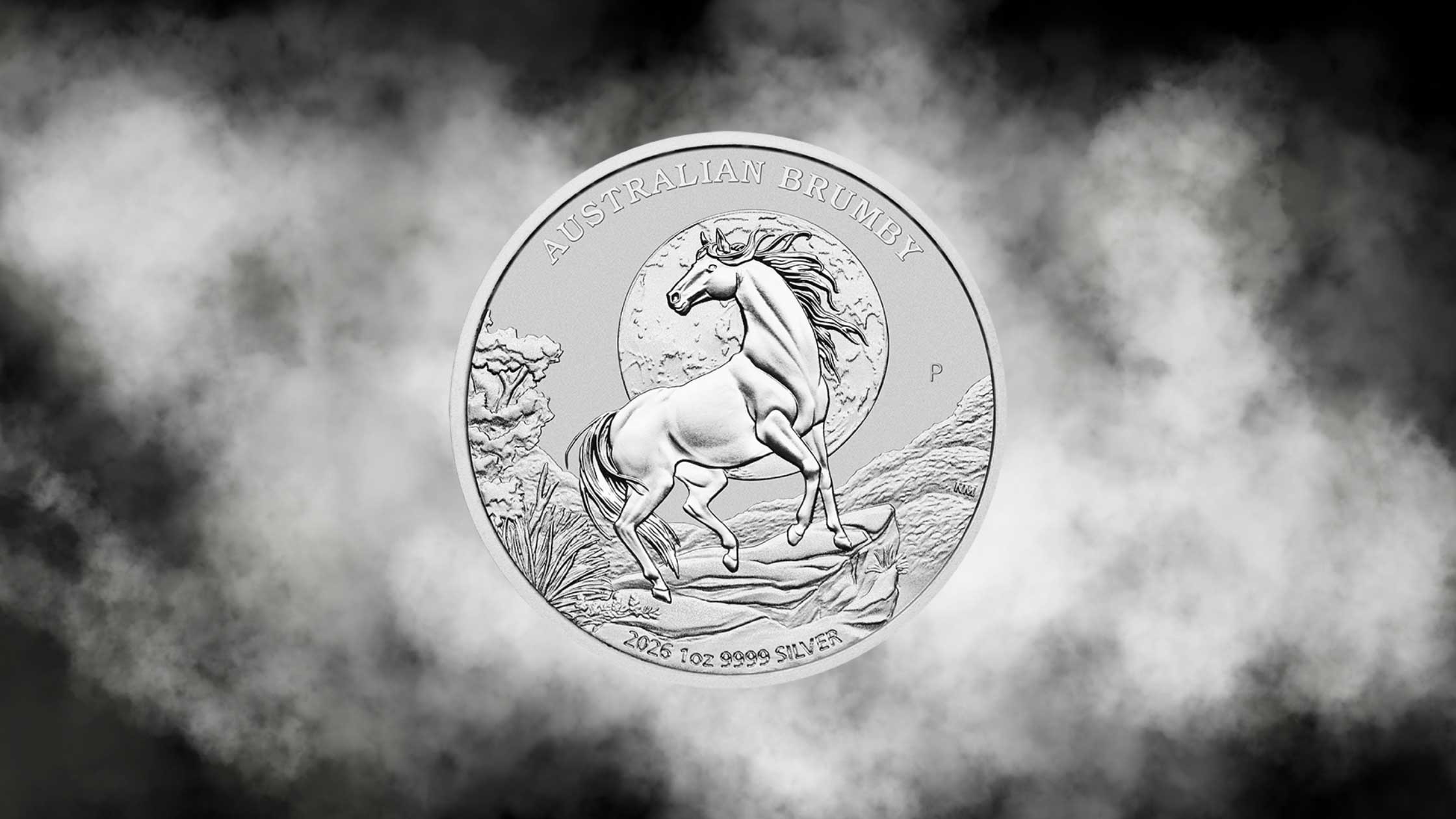 Australian Brumby 2026 1oz Silver Bullion Coin on black background with grey smoke