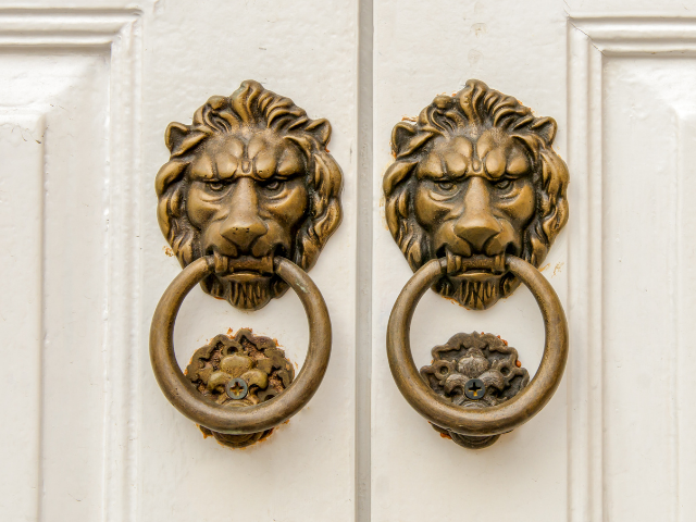 two gold lion door handles