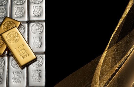 Gold and silver Perth Mint bars on a black and gold background 
