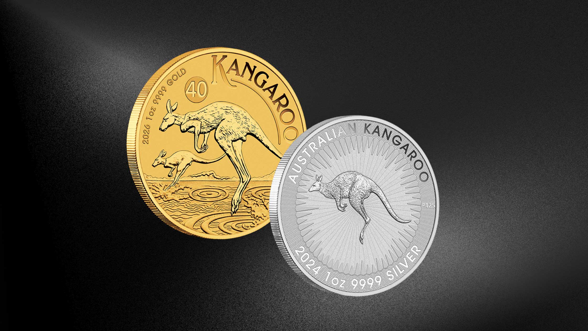 Two Perth Mint coins on a black backround. One is a 1oz gold kangaroo coin and one is a 1oz silver bullion coin
