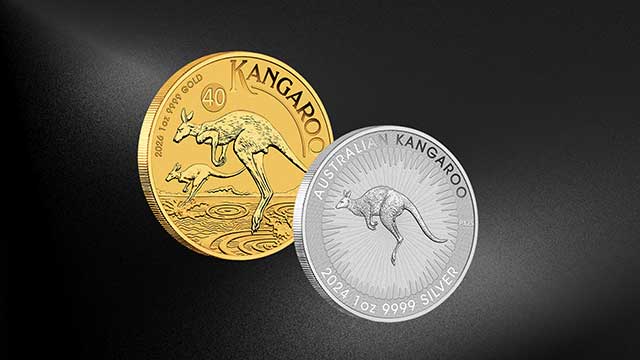 two Perth Mint coins on a black background. One is a 1oz gold kangaroo bullion coin, one is a 1oz silver bullion coin.
