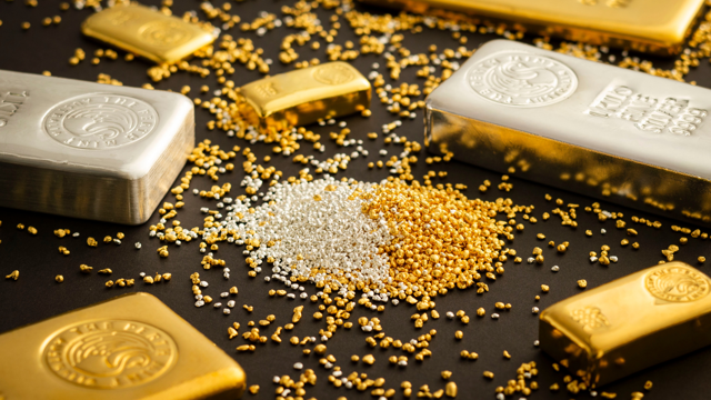 gold and silver Perth Mint bars surrounding silver and gold granules