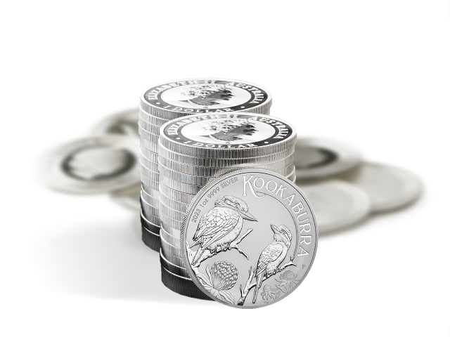 Perth Mint Silver 2023 Bullion Kookaburra coin stack
