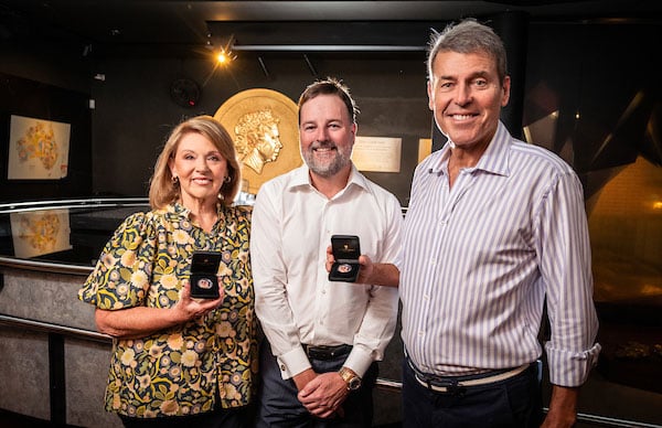 Susannah Carr, Paul Graham and Rick Ardon in front of The Perth Mint One Tonne Gold Coin