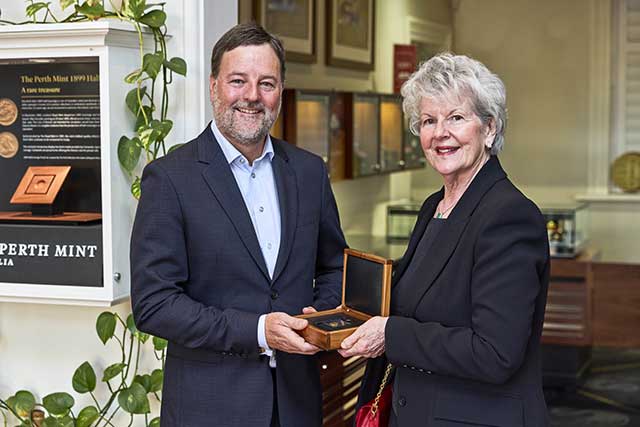 The coin was presented to Chief Executive Officer Paul Graham by Coinworks Managing Director Belinda Downie, 