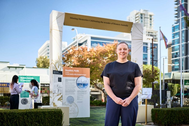 Perth Mint Curator, Natasha Fenner in front of Perth Mint Boorloo exhibit
