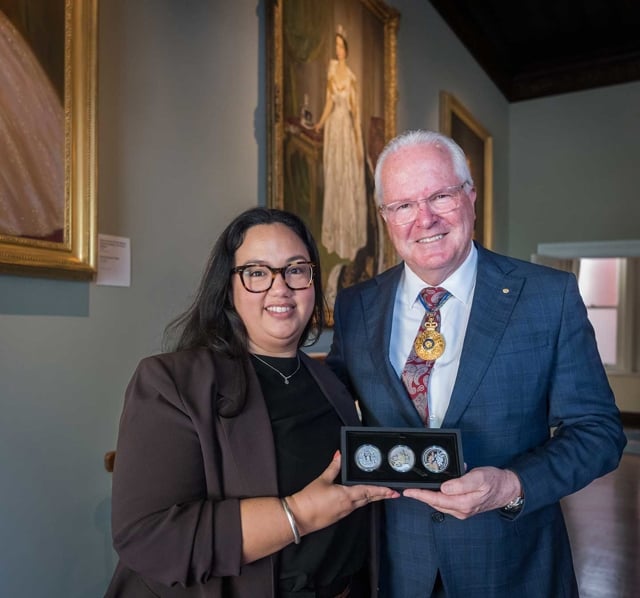 Natasha Muhl, Perth Mint coin designer with His Excellency, The Honourable Chris Dawson AC APM, Governor of Western Australia.